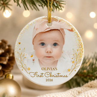 赤ちゃんの最初のクリスマス 写真 名前 年 金色 セラミックオーナメント