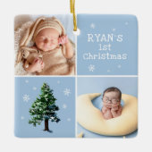 赤ちゃんの最初のクリスマス 2枚の写真 松の木と雪の結晶 セラミックオーナメント (正面)