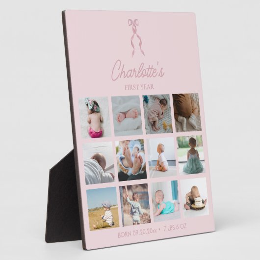 赤ちゃんの最初の1年間の写真と誕生情報 ピンクのリボン フォトプラーク (側面)