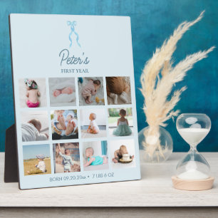 赤ちゃんの最初の1年間の写真 出生情報 青いリボン フォトプラーク