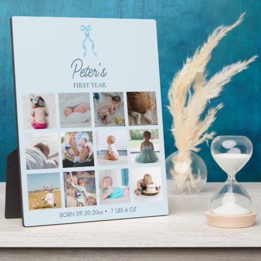 赤ちゃんの最初の1年間の写真 出生情報 青いリボン フォトプラーク (側面)