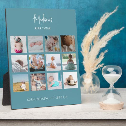 赤ちゃんの最初の1年 フォトコラージュ 誕生情報 青  フォトプラーク (側面)