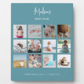 赤ちゃんの最初の1年 フォトコラージュ 誕生統計 青 フォトプラーク (正面)