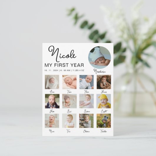 赤ちゃんの最初の1年 12か月 フォトコラージュ モダン ポストカード (スタンド正面)