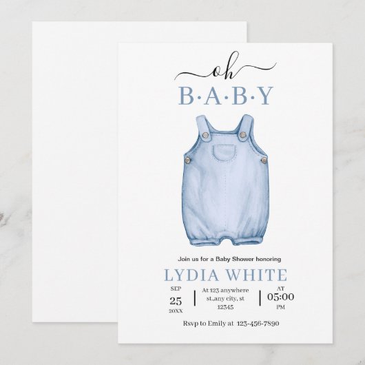 赤ちゃんの服のベビーシャワー招待状, 男の子のベビーシャワー 招待状 (正面/裏面)