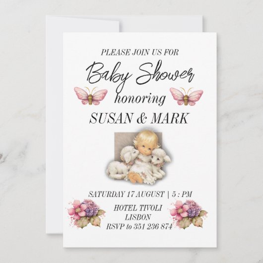 赤ちゃんの歓迎会 子供と羊のマグネット 招待状 (正面)