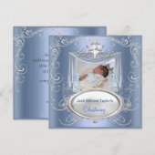 赤ちゃんの洗礼 青い銀の十字架 招待状 (正面/裏面)