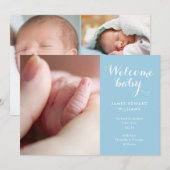 赤ちゃんの男の子の写真 モノグラム 青いスクリプト 誕生 案内状 (正面/裏面)