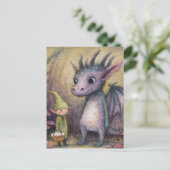 赤ちゃんの紫色のドラゴンと卵を持つエルフ ポストカード (スタンド正面)