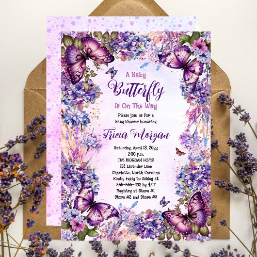 赤ちゃんの蝶がやってくる 女の子のベビーシャワー 招待状