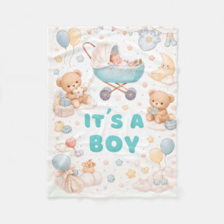 赤ちゃんの誕生をお祝いする男の子デザイン フリースブランケット