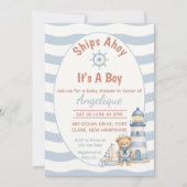 赤ちゃんの誕生をお祝いする「Ships Ahoy It's A Boy」ベビーシャワー招待状 招待状 (正面)