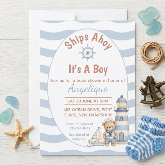 赤ちゃんの誕生をお祝いする「Ships Ahoy It's A Boy」ベビーシャワー招待状 招待状
