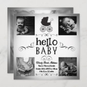 赤ちゃんの誕生写真のお知らせ　ブラック＆ホワイトのベビーカー 招待状 (正面/裏面)