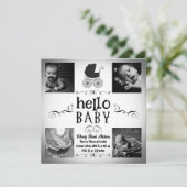 赤ちゃんの誕生写真のお知らせ　黒と白のベビーカー 招待状 (スタンド正面)