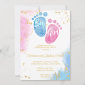 赤ちゃんの足 男の子？女の子？ ピンクとブルー 性別発表 招待状 (正面)