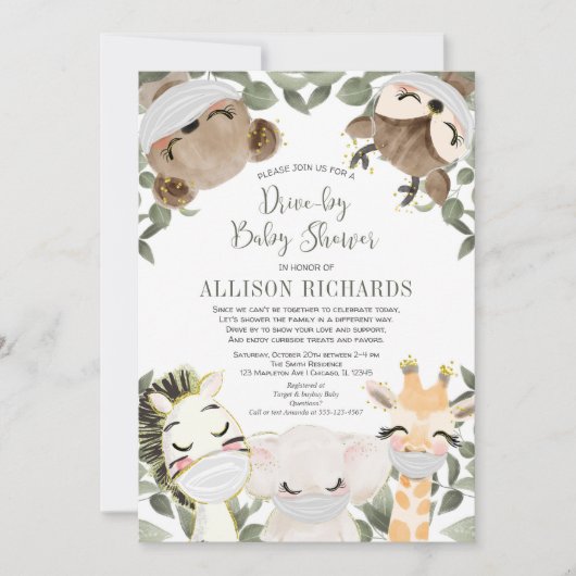 赤ちゃんの車でマスクで可愛い動物をシャワー浴びる 招待状 (正面)
