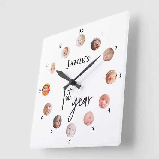 赤ちゃんの1年間の写真カスタム 12ヶ月 スクエア壁時計 (傾斜)