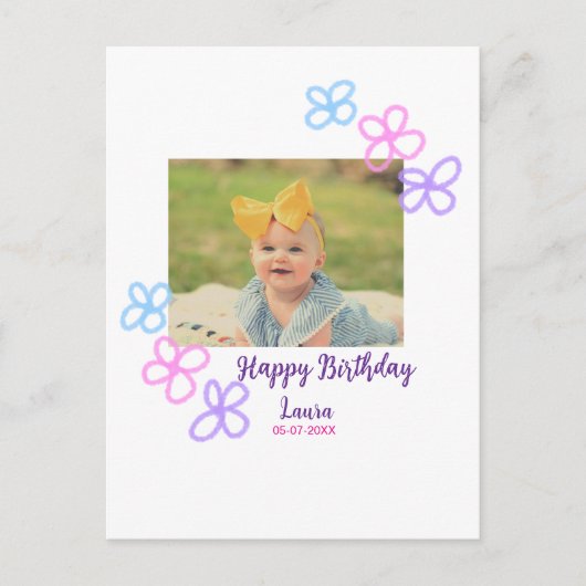 赤ちゃんの1歳の誕生日にお名前と日付を追加 + 写真を追加 ポストカード (正面)