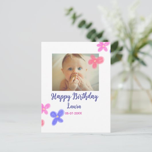 赤ちゃんの1歳の誕生日にお名前と日付を追加 + 写真を追加 ポストカード (スタンド正面)