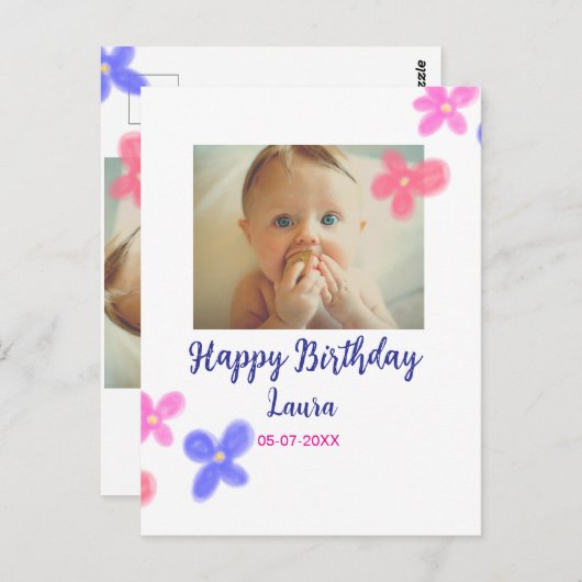 赤ちゃんの1歳の誕生日にお名前と日付を追加 + 写真を追加 ポストカード (正面/裏面)