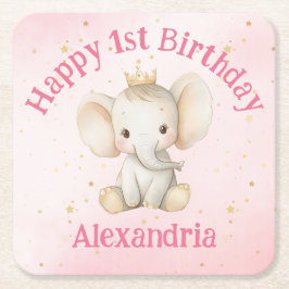 赤ちゃんの1歳の誕生日パーソナライズプリンセス象 スクエアペーパーコースター