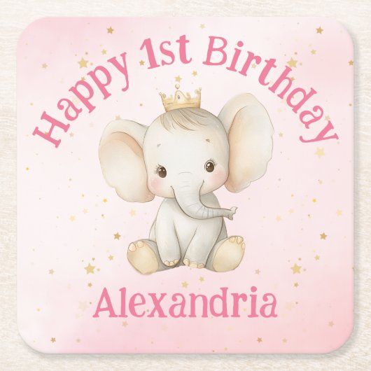 赤ちゃんの1歳の誕生日パーソナライズプリンセス象 スクエアペーパーコースター (正面)