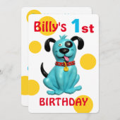赤ちゃんの1歳の誕生日パーティー かわいい青い子犬の男の子 招待状 (正面/裏面)