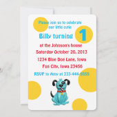 赤ちゃんの1歳の誕生日パーティー かわいい青い子犬の男の子 招待状 (裏面)