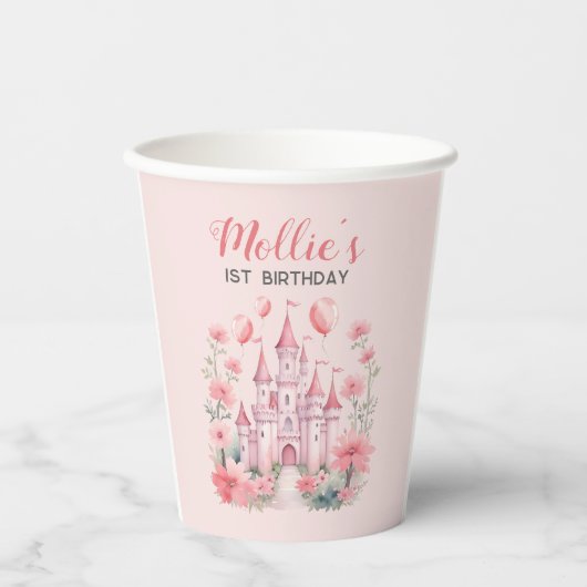 赤ちゃんの1歳の誕生日 ピンクの城のプリンセス 紙コップ (正面)