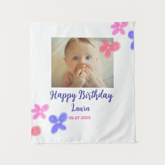 赤ちゃんの1歳誕生日にお名前と日付を追加 フォトを追加 タペストリー (正面)