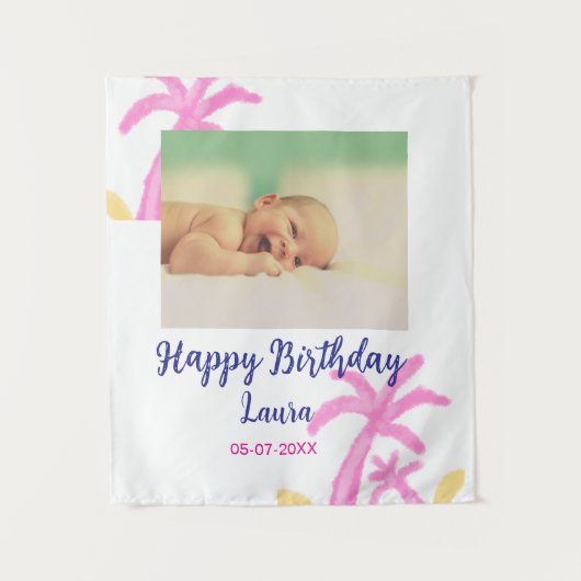 赤ちゃんの1歳誕生日にお名前と日付を追加 フォトを追加 タペストリー (正面)