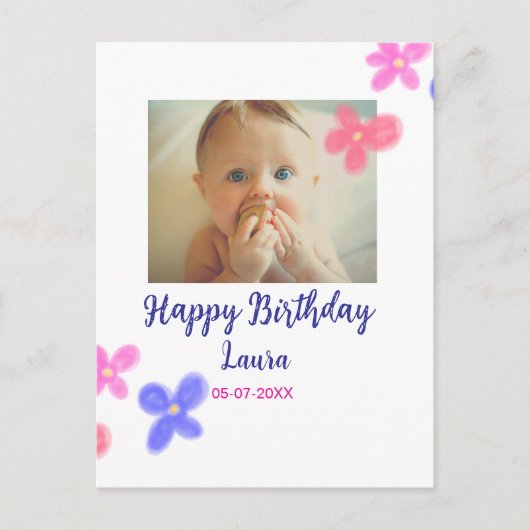 赤ちゃんの1歳誕生日にお名前と日付を追加 + 写真を追加 ポストカード (正面)