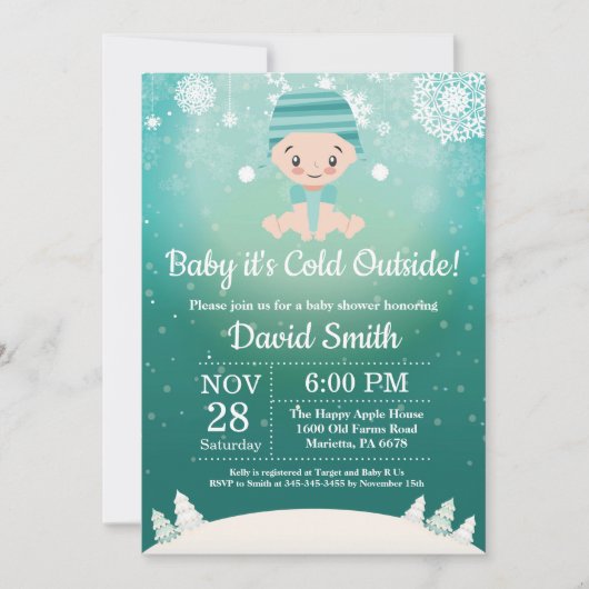 赤ちゃんは寒い外側の冬のベイビーシャワー 招待状 (正面)