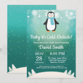 赤ちゃんは寒い外側の冬のペンギン赤ちゃんシャワー 招待状 (正面/裏面)