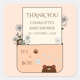 赤ちゃんは男の子!かわいいクマとデイジーの花のベビーシャワー スクエアシール