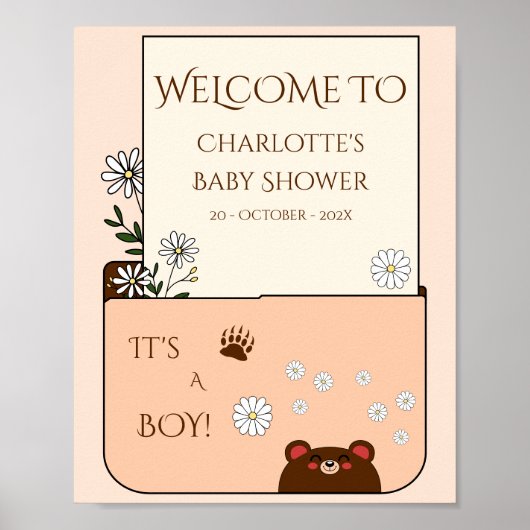 赤ちゃんは男の子!かわいいクマとデイジーの花のベビーシャワー ポスター (正面)