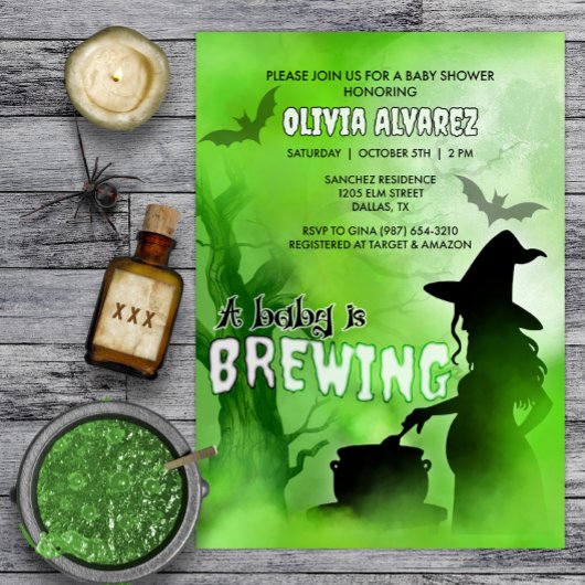赤ちゃんは魔女の鍋で醸造中！ハロウィンの魔女ベイビーシャワー 招待状