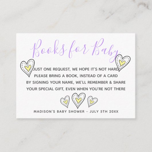 赤ちゃんへの本 黄色のラブハーツ ベビーシャワー エンクロージャーカード (正面)