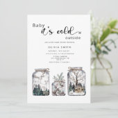 赤ちゃんよ、外は寒いよ。冬のベイビーシャワーにお招きします 招待状 (スタンド正面)