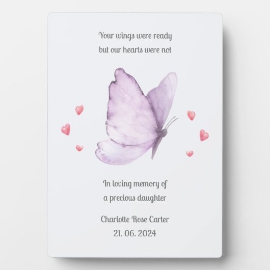 赤ちゃんを亡くした女の子の紫の蝶の追悼プレート フォトプラーク (正面)