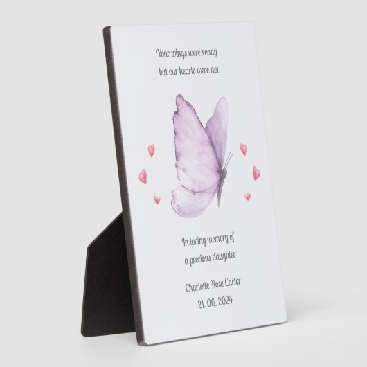 赤ちゃんを亡くした女の子の紫の蝶の追悼プレート フォトプラーク (側面)