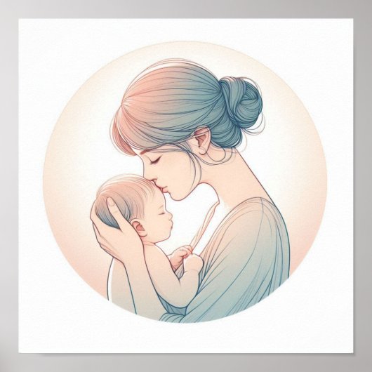 赤ちゃんを抱く母のミニマルパステルアート ポスター (正面)