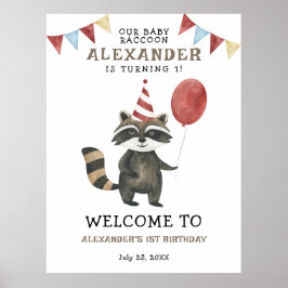 赤ちゃんアライグマの1歳の誕生日パーティーウェルカム ポスター