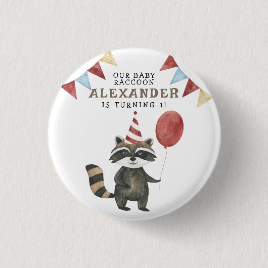 赤ちゃんアライグマ 1歳の誕生日 缶バッジ (正面)