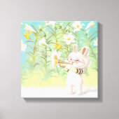 赤ちゃんウサギのトランペット奏者とリリーガーデンの鳥 キャンバスプリント (正面)