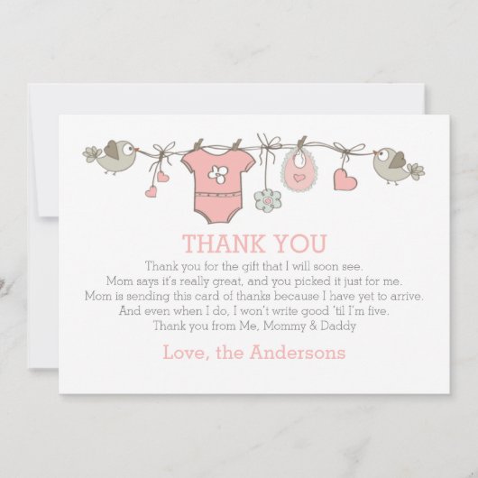赤ちゃんエレガントのシ感謝していャワーを着るピンクの少女 サンキューカード (正面)