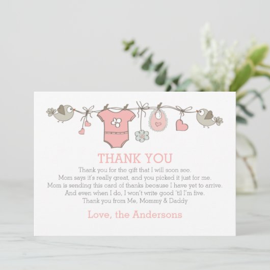 赤ちゃんエレガントのシ感謝していャワーを着るピンクの少女 サンキューカード (スタンド正面)