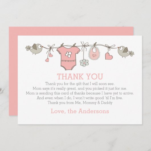 赤ちゃんエレガントのシ感謝していャワーを着るピンクの少女 サンキューカード (正面/裏面)