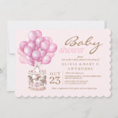 赤ちゃんエレガントガールシャワーピンク風船 招待状 (正面)